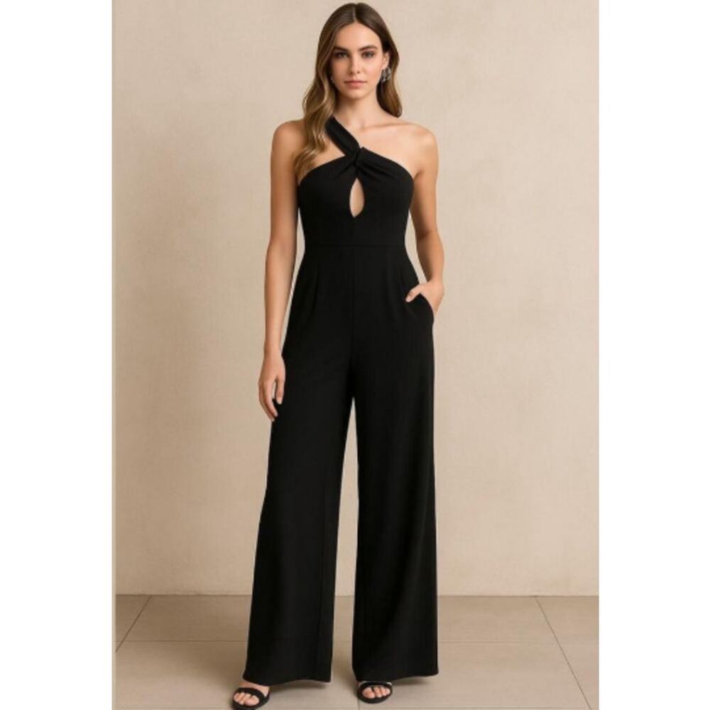 Verie Black One Shoulder Wide Leg Jumpsuit Medium Minimalist Luxury Glam